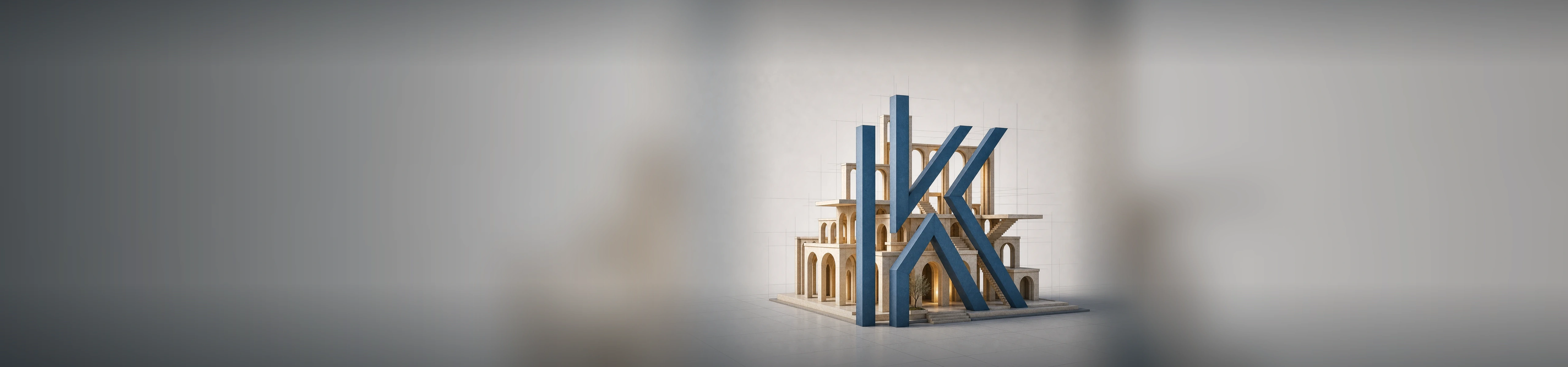 Al KeyOne client concept transformed into a premium architectural brand render with a blue structural monogram and arched building form.